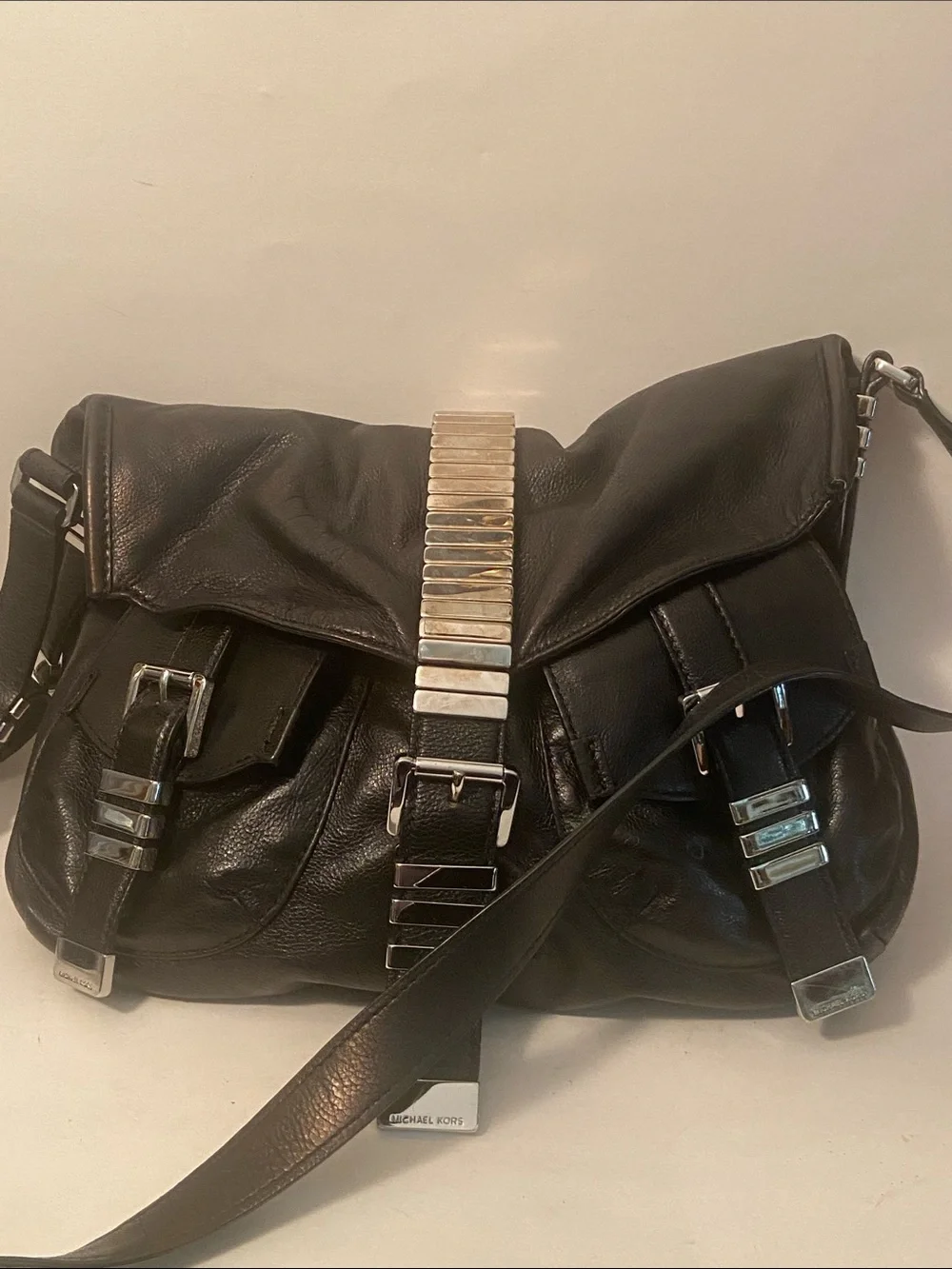 Michael Kors Darlington Black Leather Crossbody Bag w/Silver Hardware Details